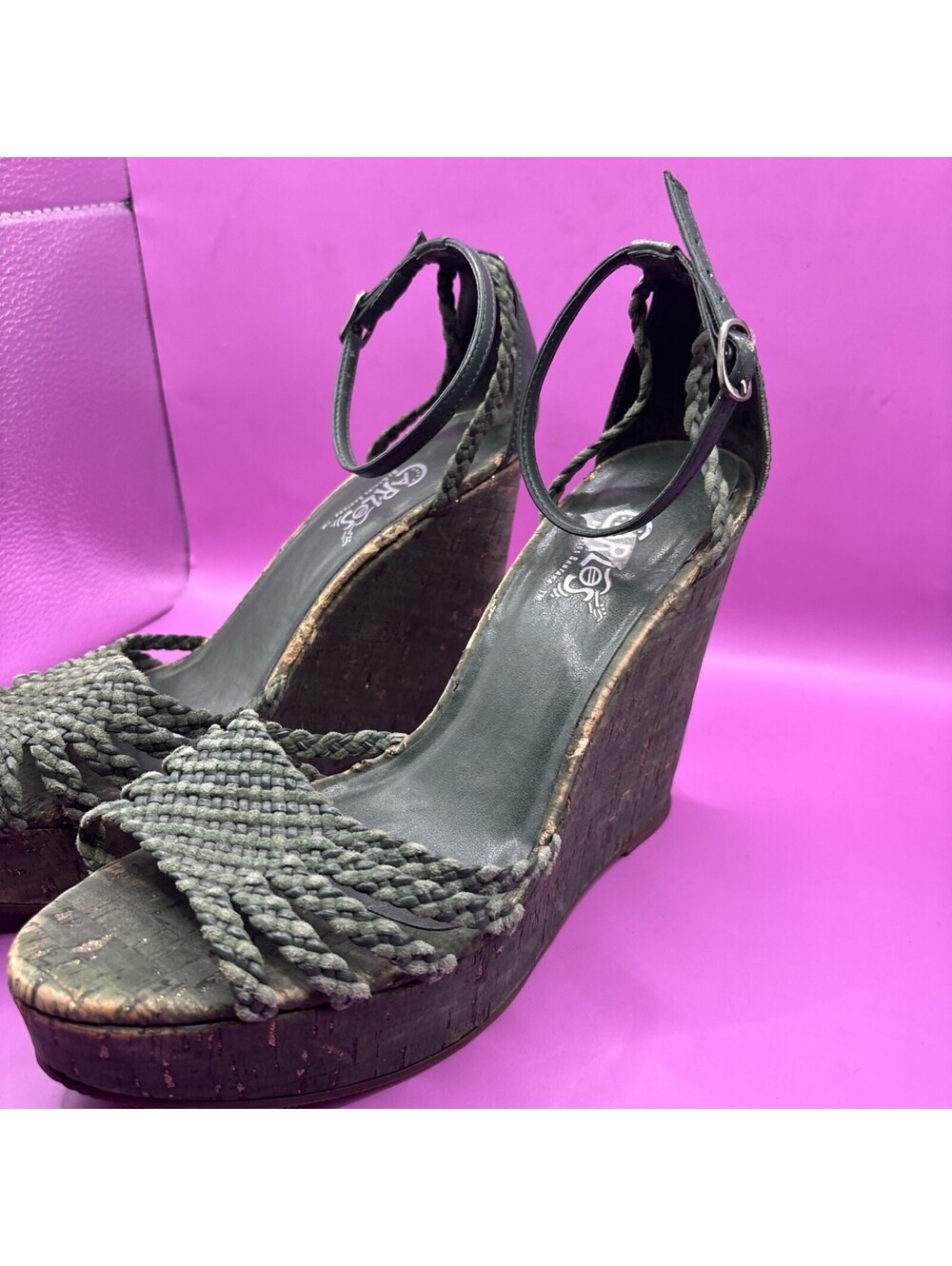 Carlos by Carlos Santana Women's Black Woven Cork Wedge Sand